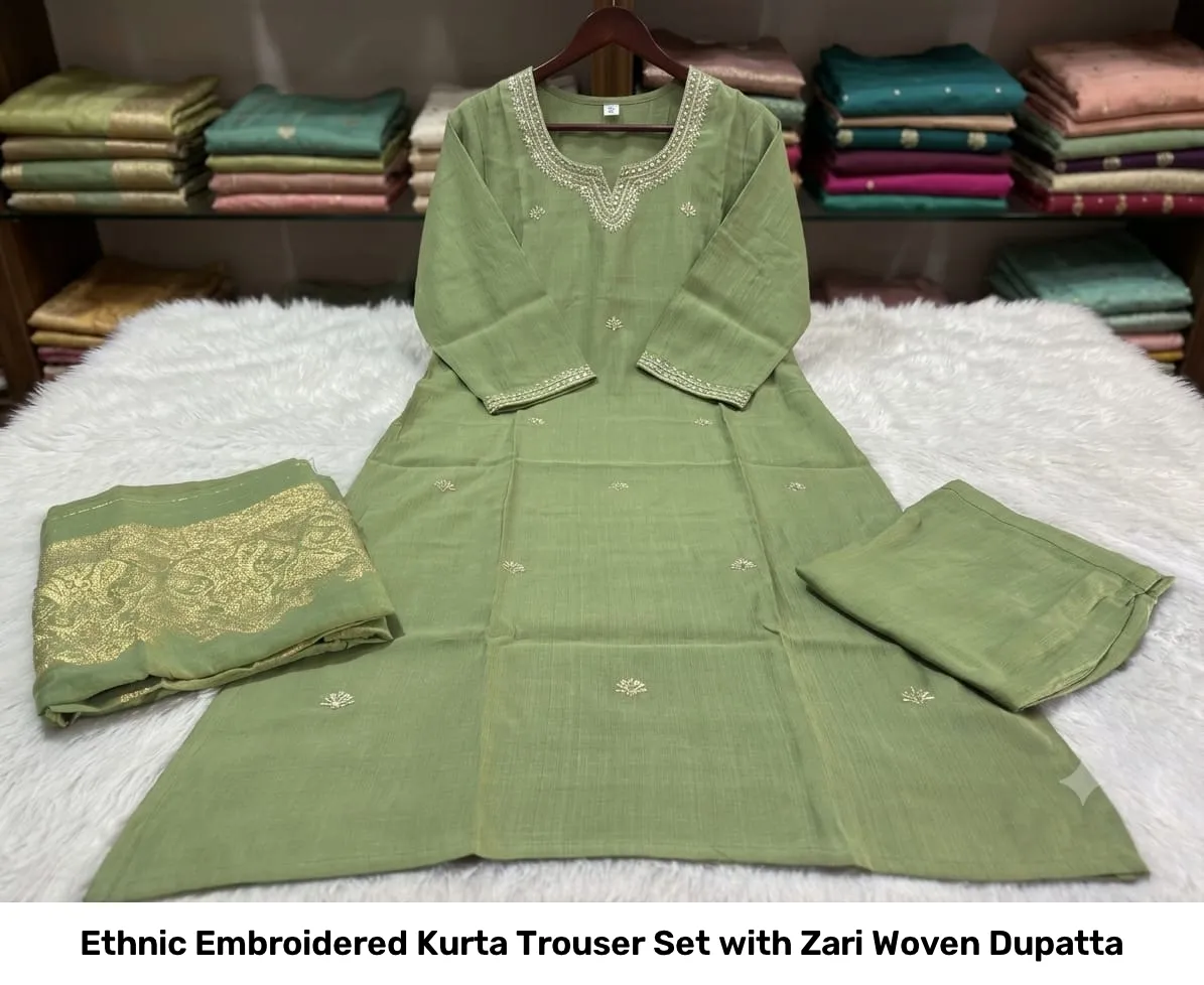 Ethnic Embroidered Kurta Trouser Set with Zari Woven Dupatta 10