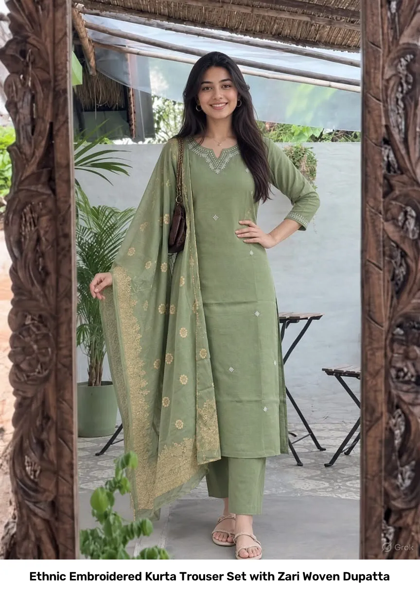 Ethnic Embroidered Kurta Trouser Set with Zari Woven Dupatta 11