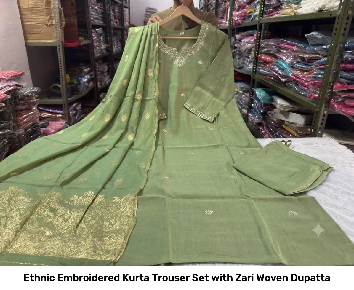 Ethnic Embroidered Kurta Trouser Set with Zari Woven Dupatta 2