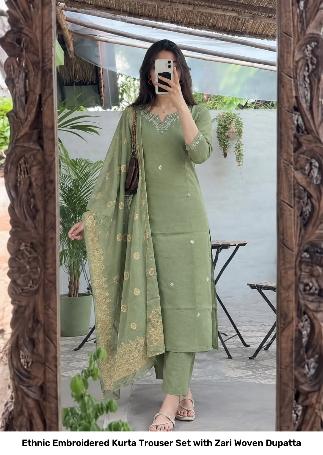 Ethnic Embroidered Kurta Trouser Set with Zari Woven Dupatta 3