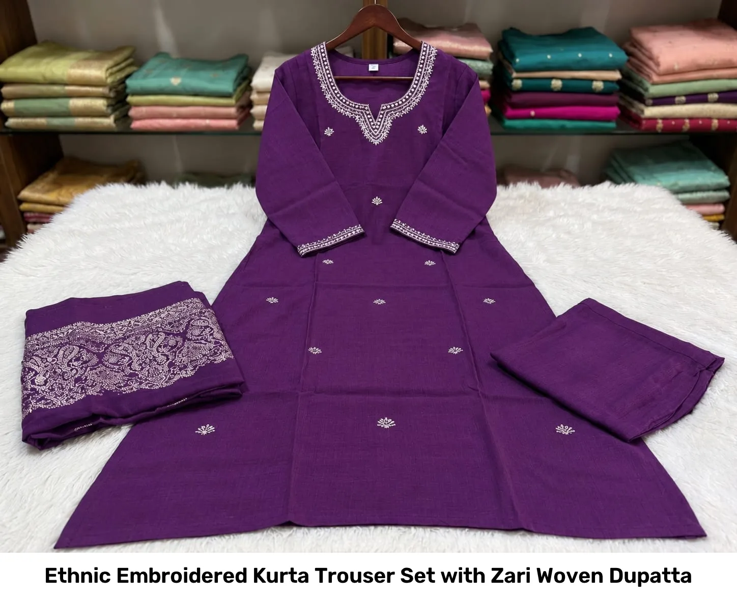 Ethnic Embroidered Kurta Trouser Set with Zari Woven Dupatta 4