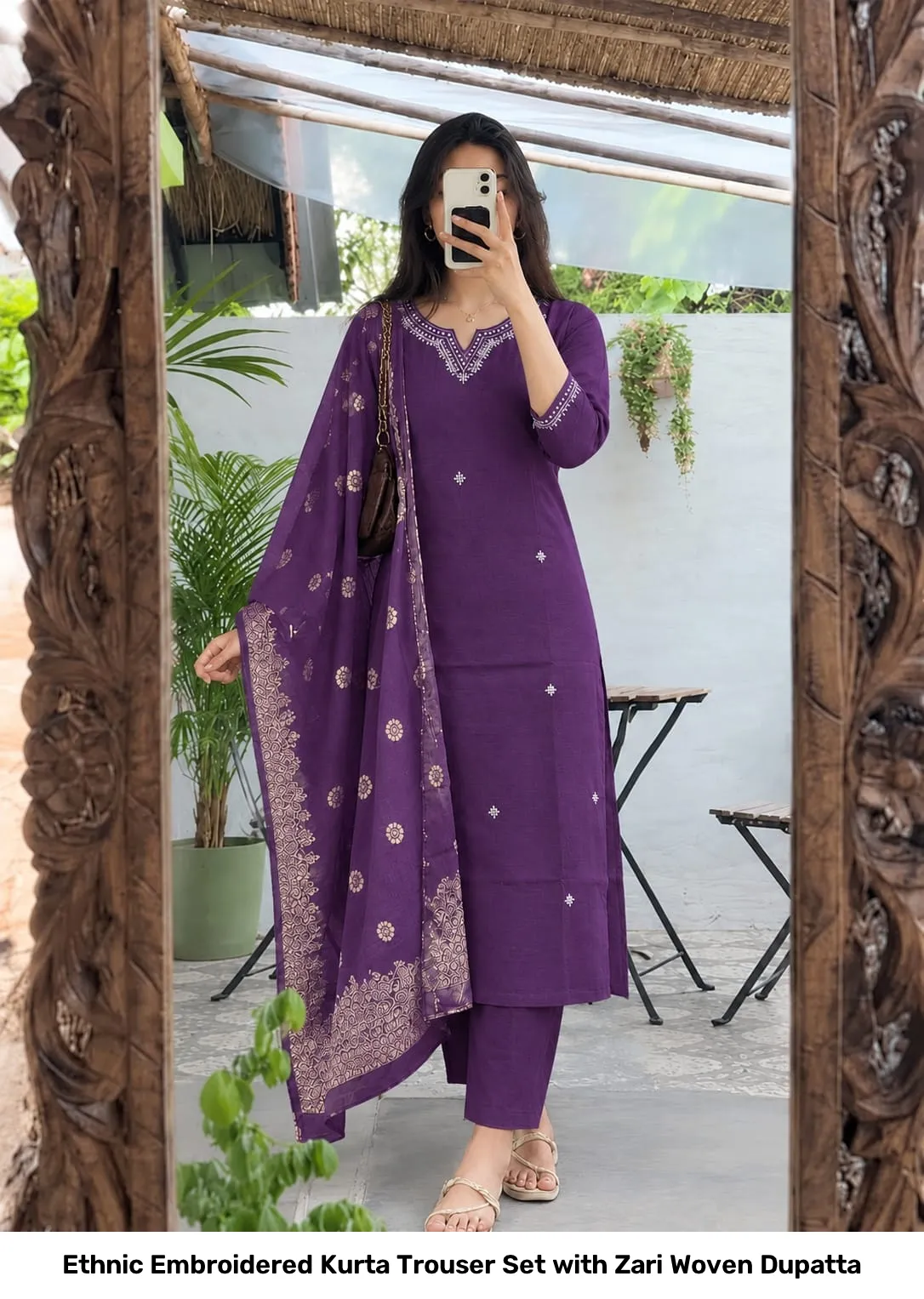 Ethnic Embroidered Kurta Trouser Set with Zari Woven Dupatta 5