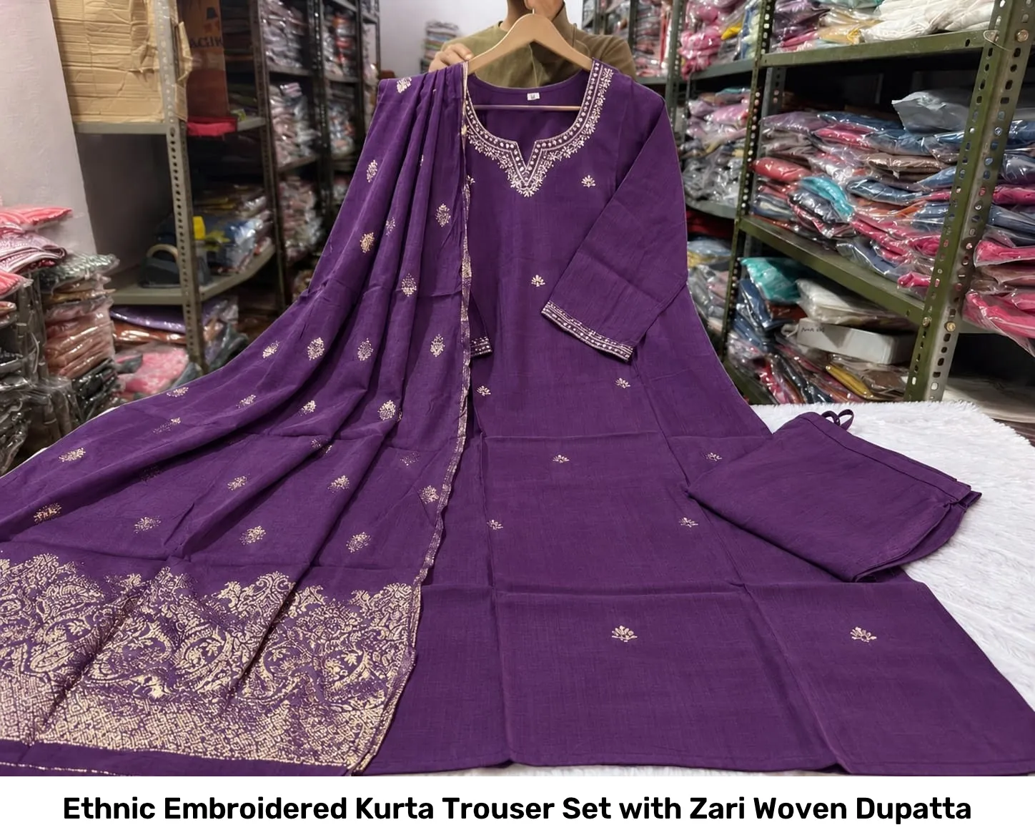 Ethnic Embroidered Kurta Trouser Set with Zari Woven Dupatta 6
