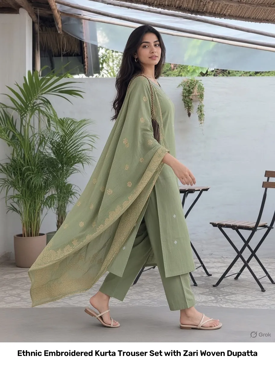 Ethnic Embroidered Kurta Trouser Set with Zari Woven Dupatta 7