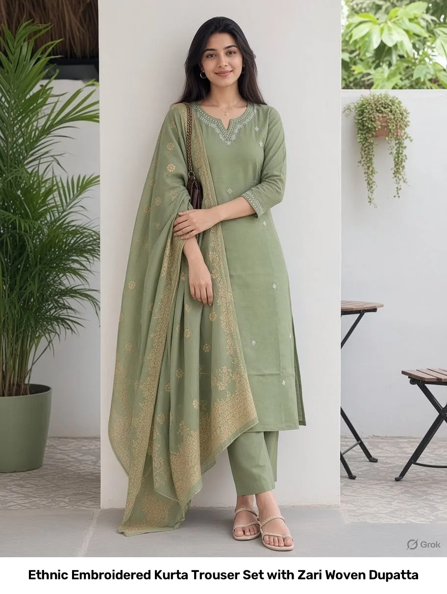 Ethnic Embroidered Kurta Trouser Set with Zari Woven Dupatta 8