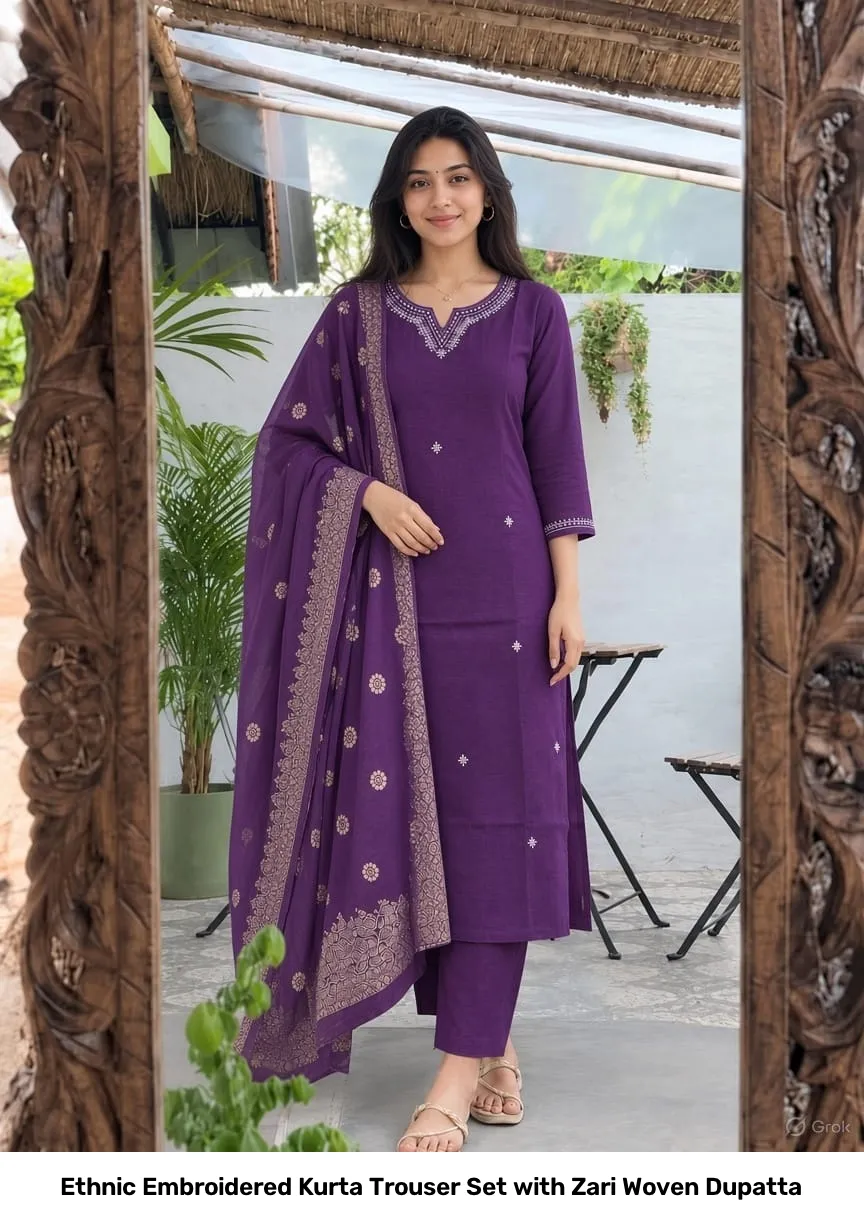 Ethnic Embroidered Kurta Trouser Set with Zari Woven Dupatta 9