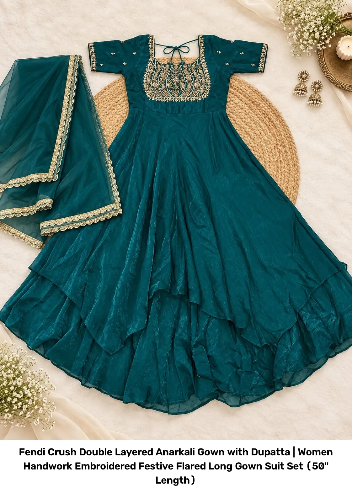 Fendi Crush Double Layered Anarkali Gown with Dupatta | Women Handwork Embroidered Festive Flared Long Gown Suit Set (50" Length) 2