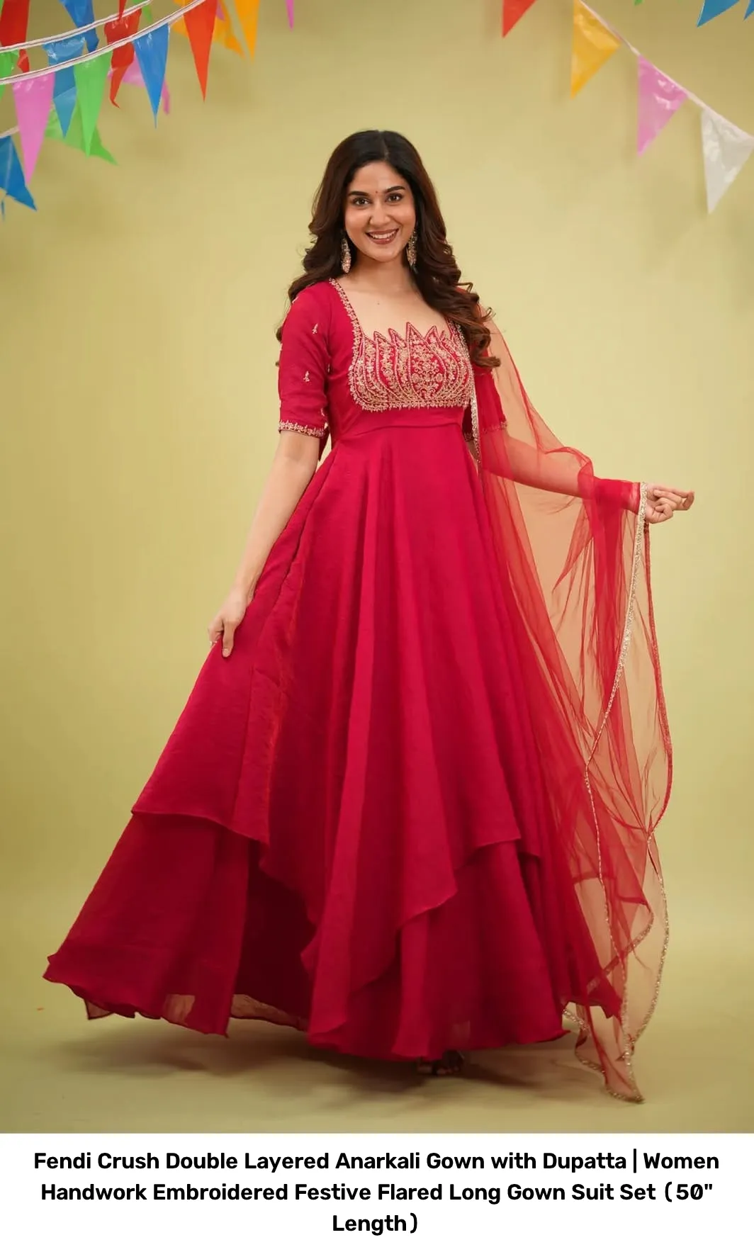 Fendi Crush Double Layered Anarkali Gown with Dupatta | Women Handwork Embroidered Festive Flared Long Gown Suit Set (50" Length) 3