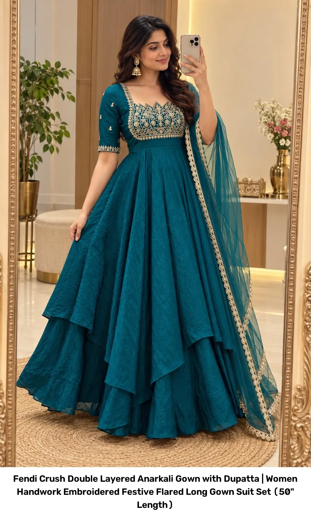 Fendi Crush Double Layered Anarkali Gown with Dupatta | Women Handwork Embroidered Festive Flared Long Gown Suit Set (50" Length) 4