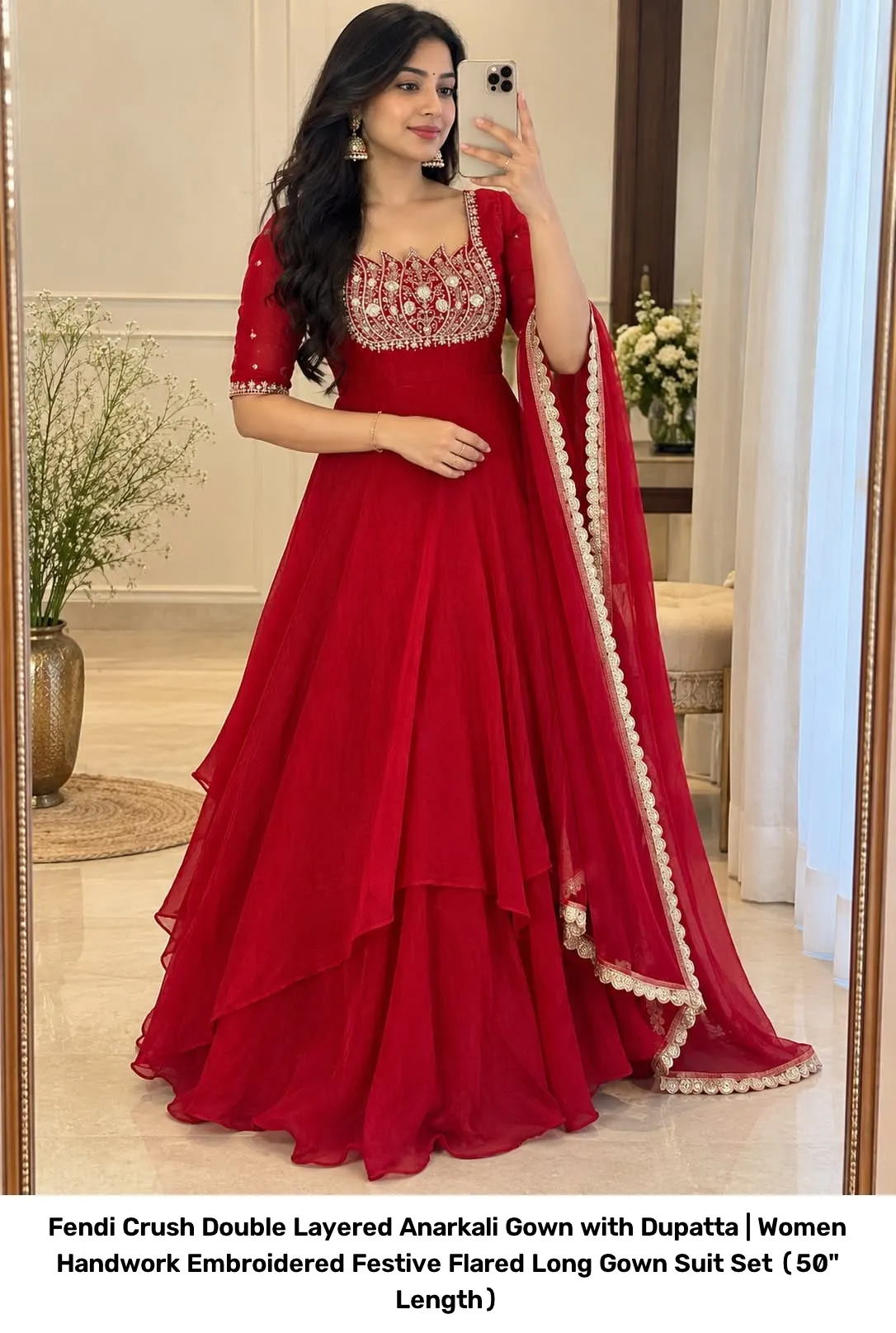 Fendi Crush Double Layered Anarkali Gown with Dupatta | Women Handwork Embroidered Festive Flared Long Gown Suit Set (50" Length) 5
