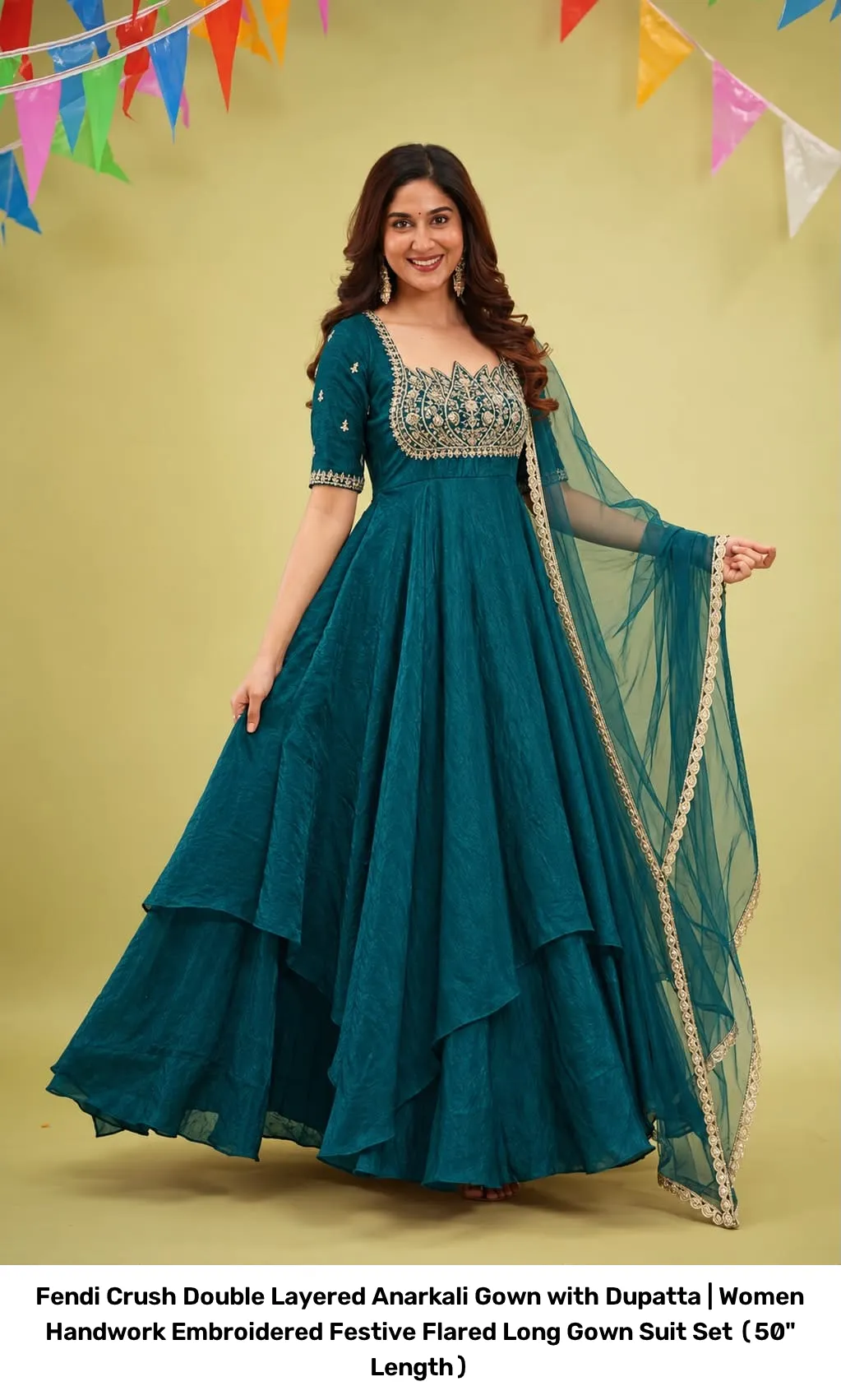 Fendi Crush Double Layered Anarkali Gown with Dupatta | Women Handwork Embroidered Festive Flared Long Gown Suit Set (50" Length) 6