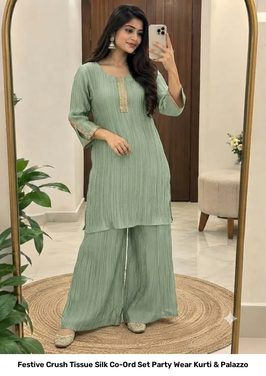 Festive Crush Tissue Silk Co-Ord Set Party Wear Kurti & Palazzo 2