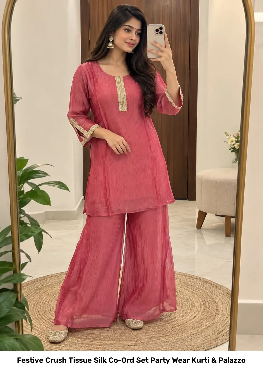 Festive Crush Tissue Silk Co-Ord Set Party Wear Kurti & Palazzo 3