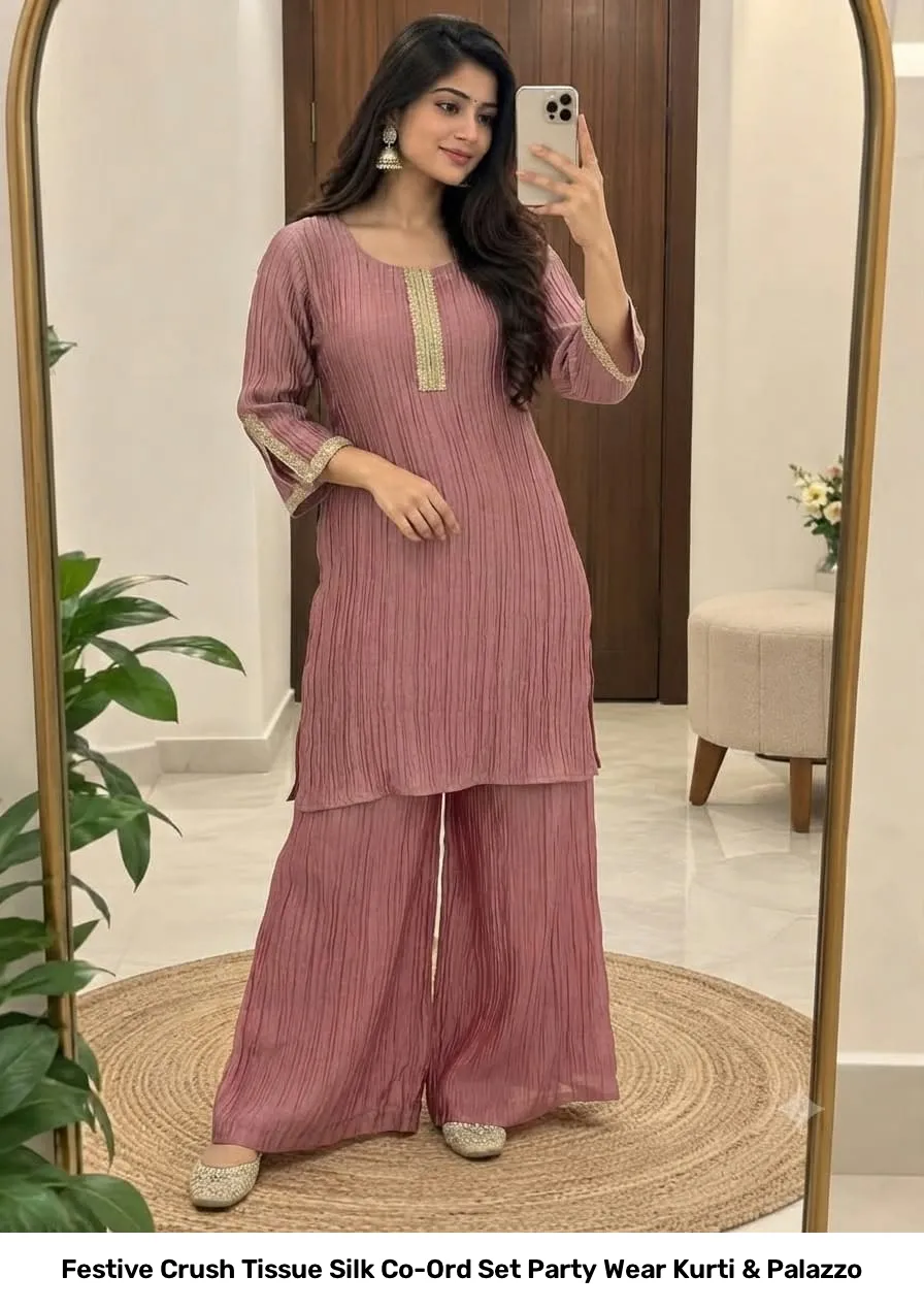 Festive Crush Tissue Silk Co-Ord Set Party Wear Kurti & Palazzo 5