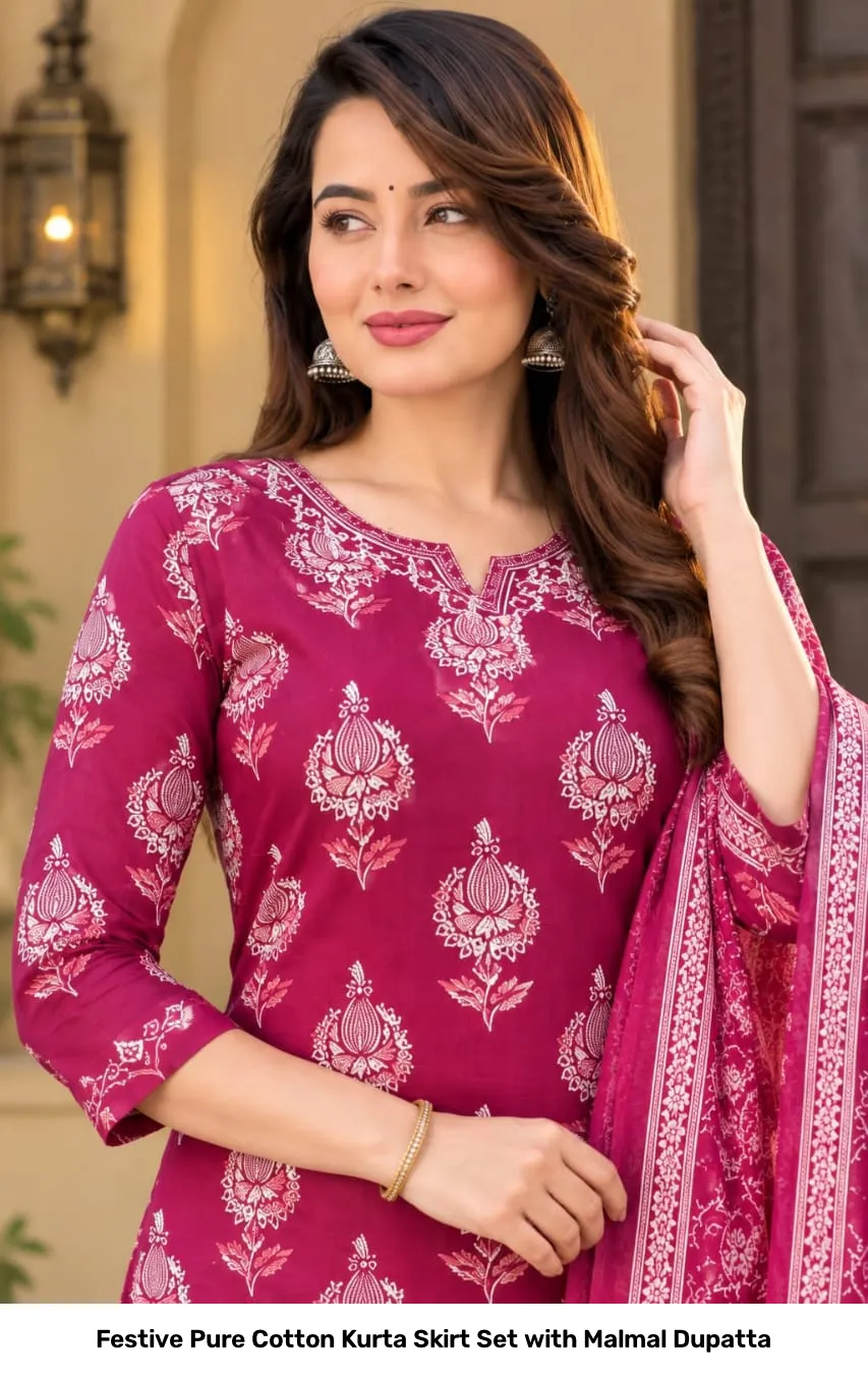 Festive Pure Cotton Kurta Skirt Set with Malmal Dupatta 10