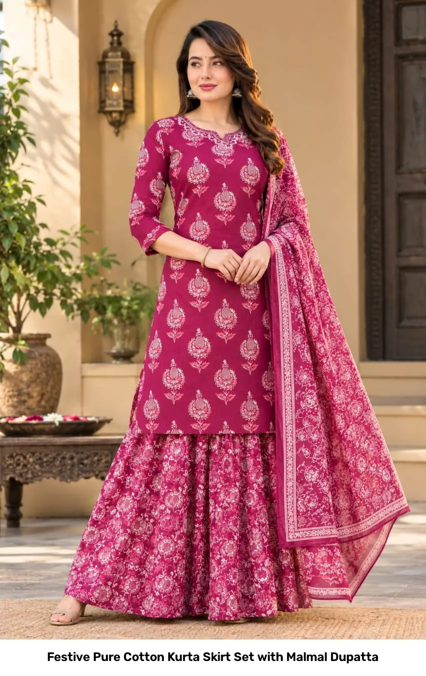 Festive Pure Cotton Kurta Skirt Set with Malmal Dupatta 11