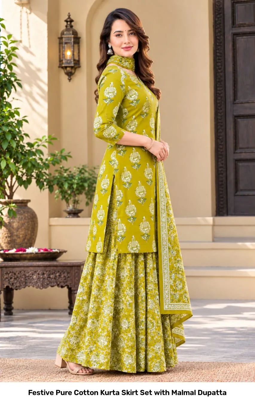 Festive Pure Cotton Kurta Skirt Set with Malmal Dupatta 12
