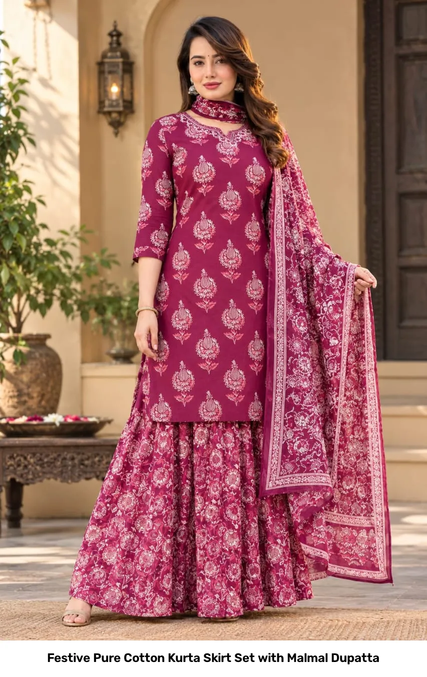 Festive Pure Cotton Kurta Skirt Set with Malmal Dupatta 13