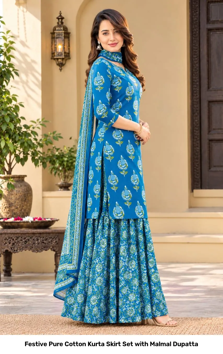 Festive Pure Cotton Kurta Skirt Set with Malmal Dupatta 14