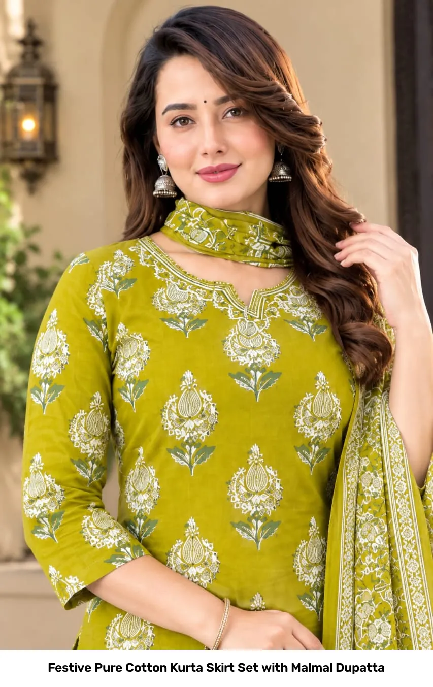 Festive Pure Cotton Kurta Skirt Set with Malmal Dupatta 15