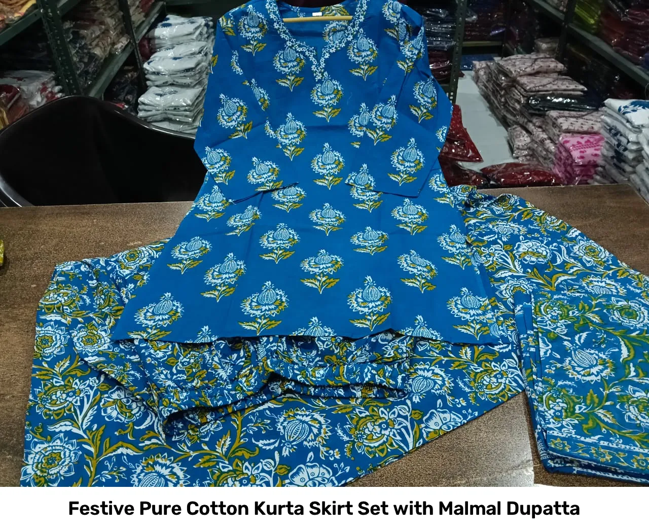 Festive Pure Cotton Kurta Skirt Set with Malmal Dupatta 16