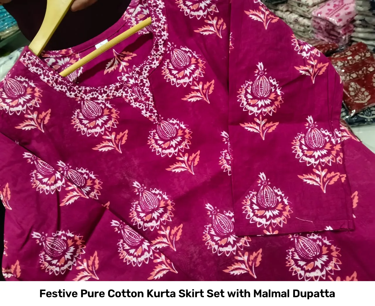 Festive Pure Cotton Kurta Skirt Set with Malmal Dupatta 17