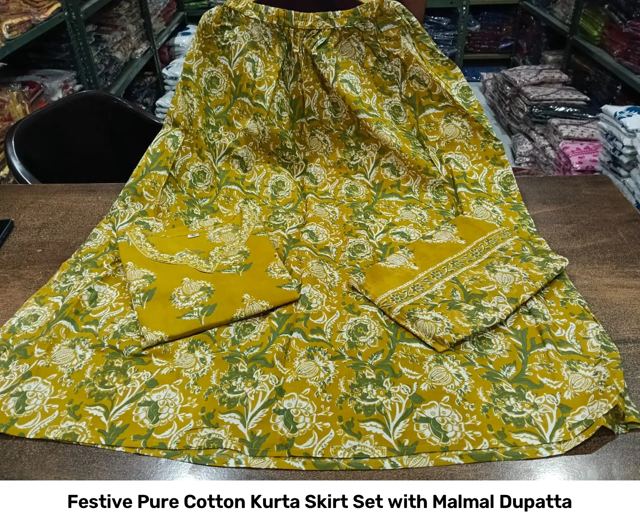 Festive Pure Cotton Kurta Skirt Set with Malmal Dupatta 18