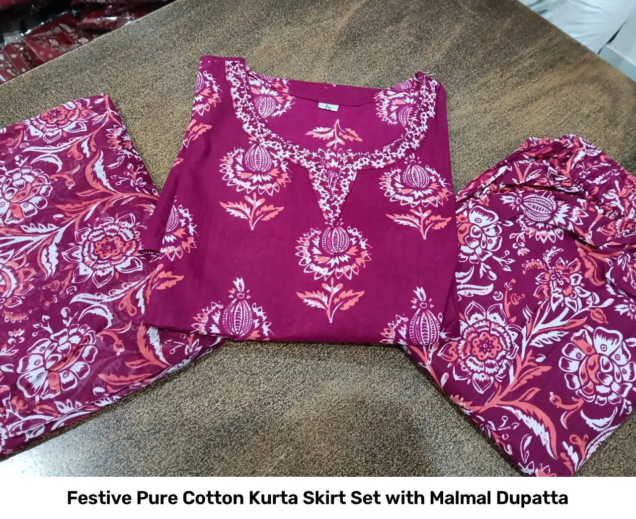 Festive Pure Cotton Kurta Skirt Set with Malmal Dupatta 19