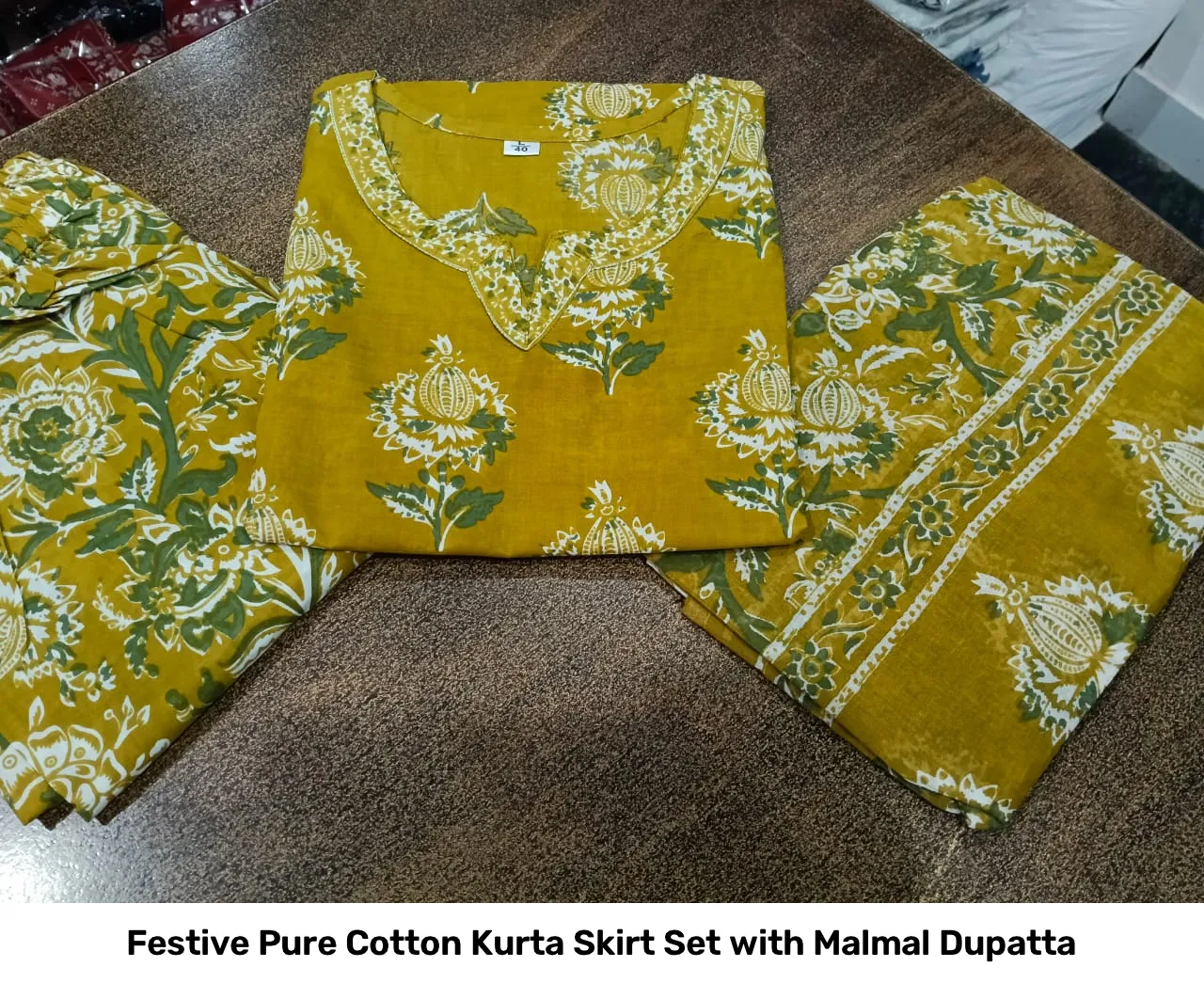 Festive Pure Cotton Kurta Skirt Set with Malmal Dupatta 2
