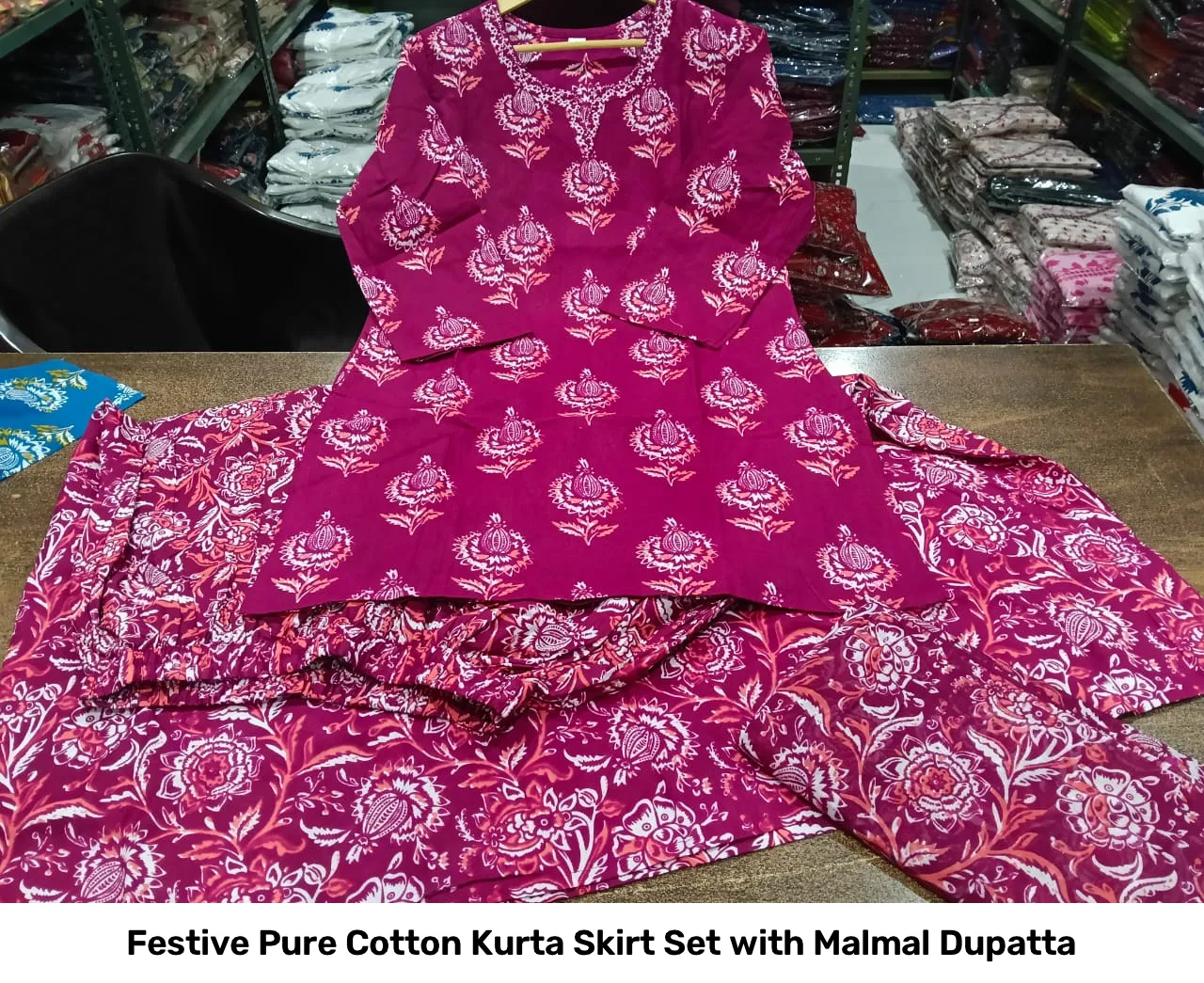 Festive Pure Cotton Kurta Skirt Set with Malmal Dupatta 3