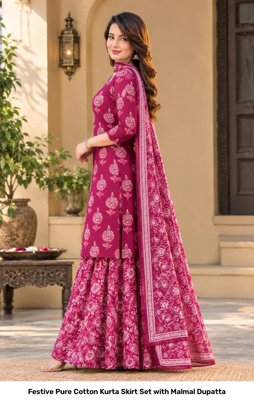 Festive Pure Cotton Kurta Skirt Set with Malmal Dupatta 4
