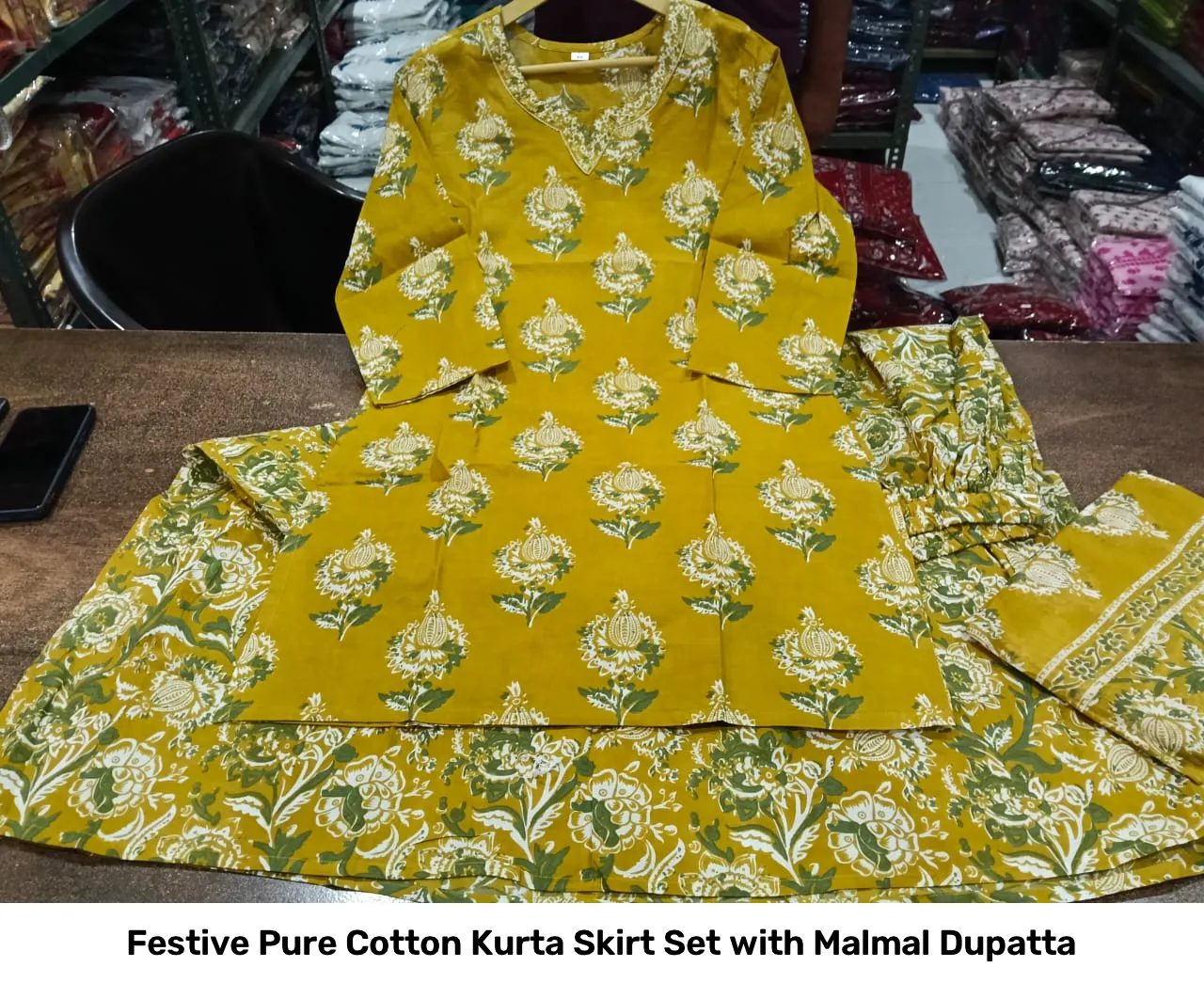 Festive Pure Cotton Kurta Skirt Set with Malmal Dupatta 5