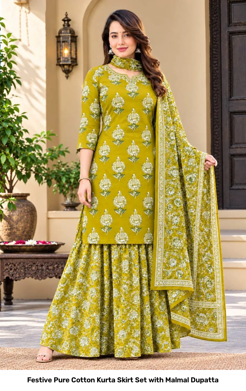 Festive Pure Cotton Kurta Skirt Set with Malmal Dupatta 6