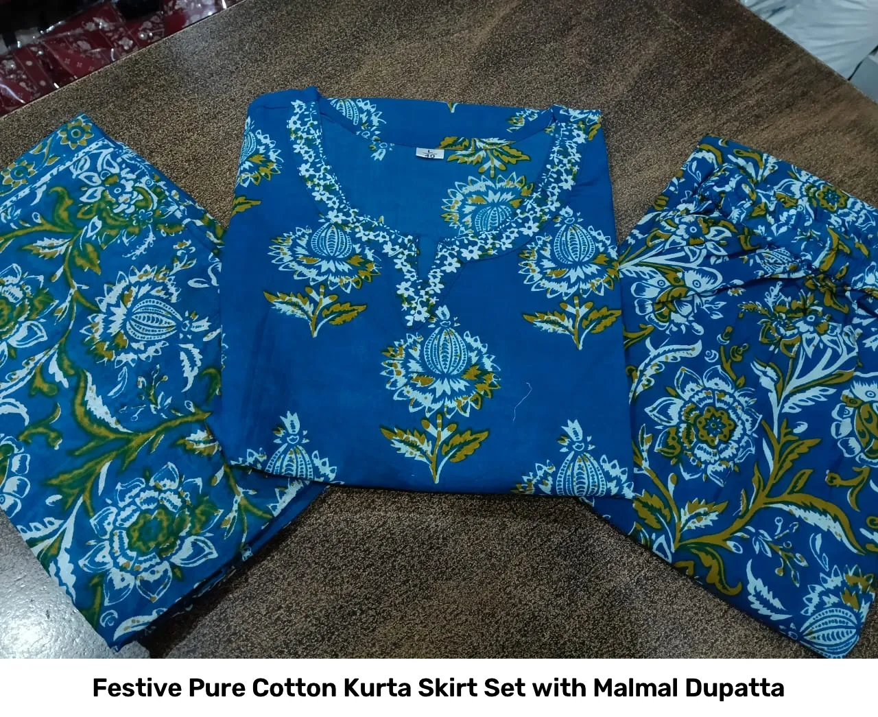 Festive Pure Cotton Kurta Skirt Set with Malmal Dupatta 7