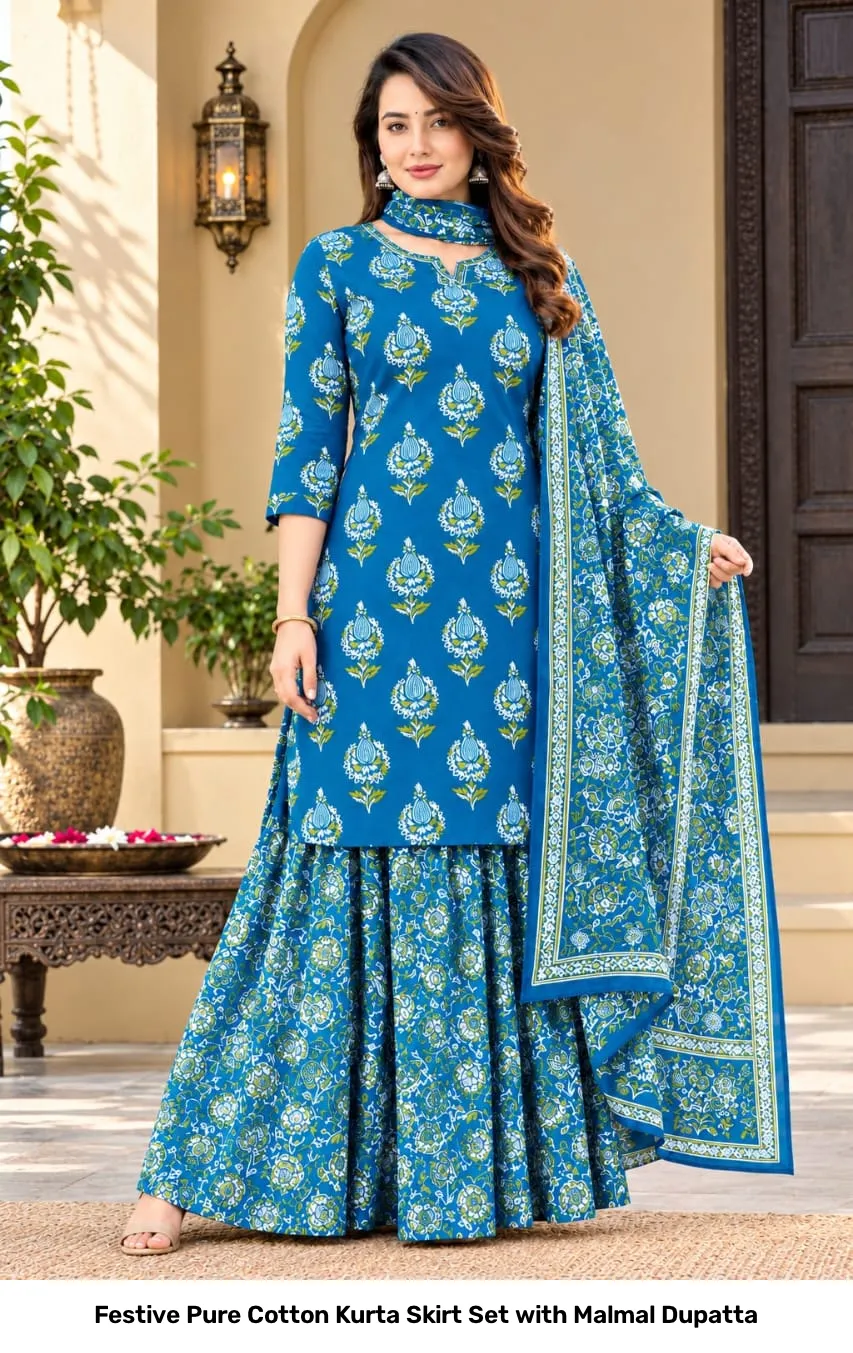 Festive Pure Cotton Kurta Skirt Set with Malmal Dupatta 9
