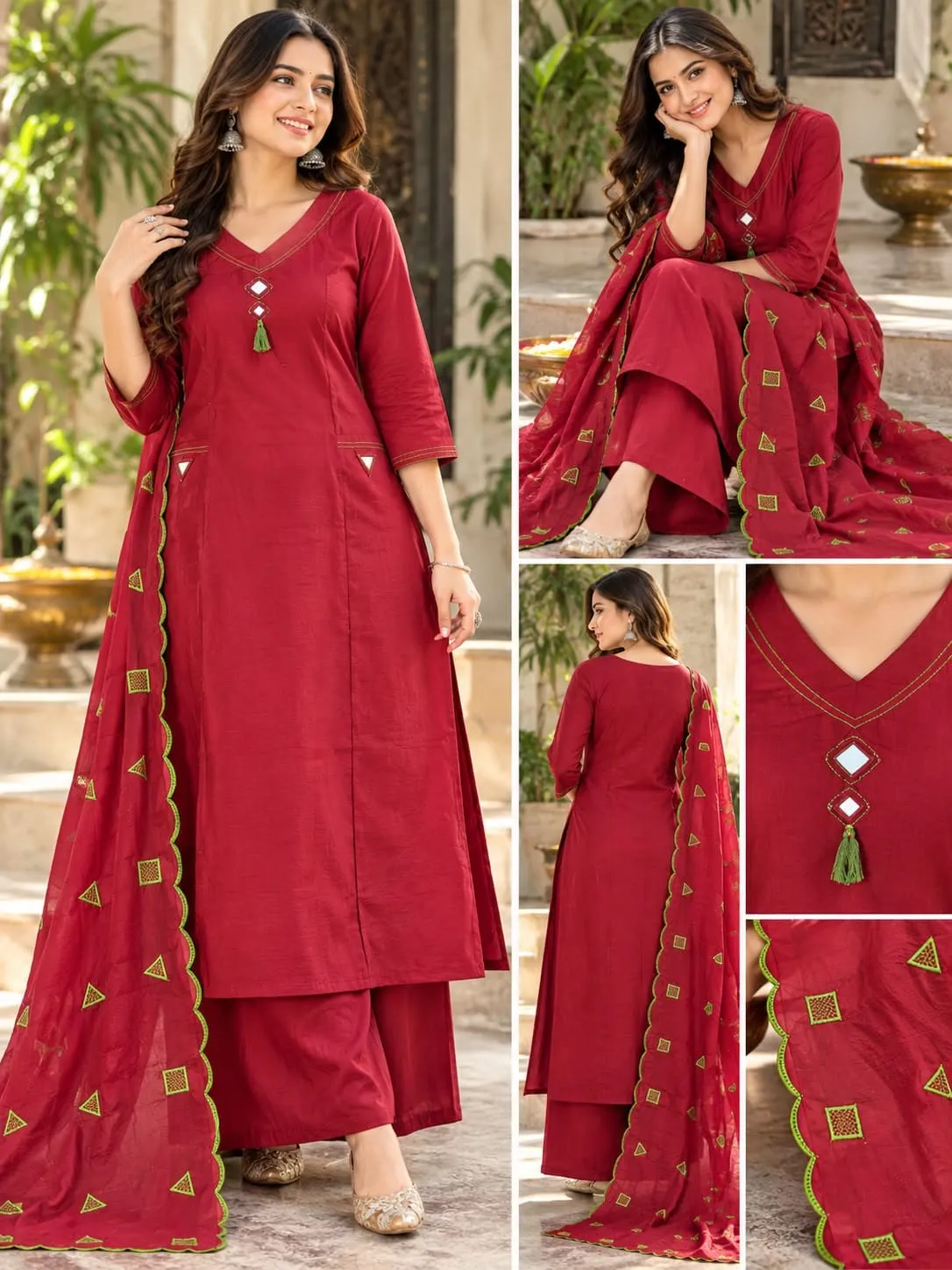 Festive Silk Kali Kurti Palazzo Set with Dupatta