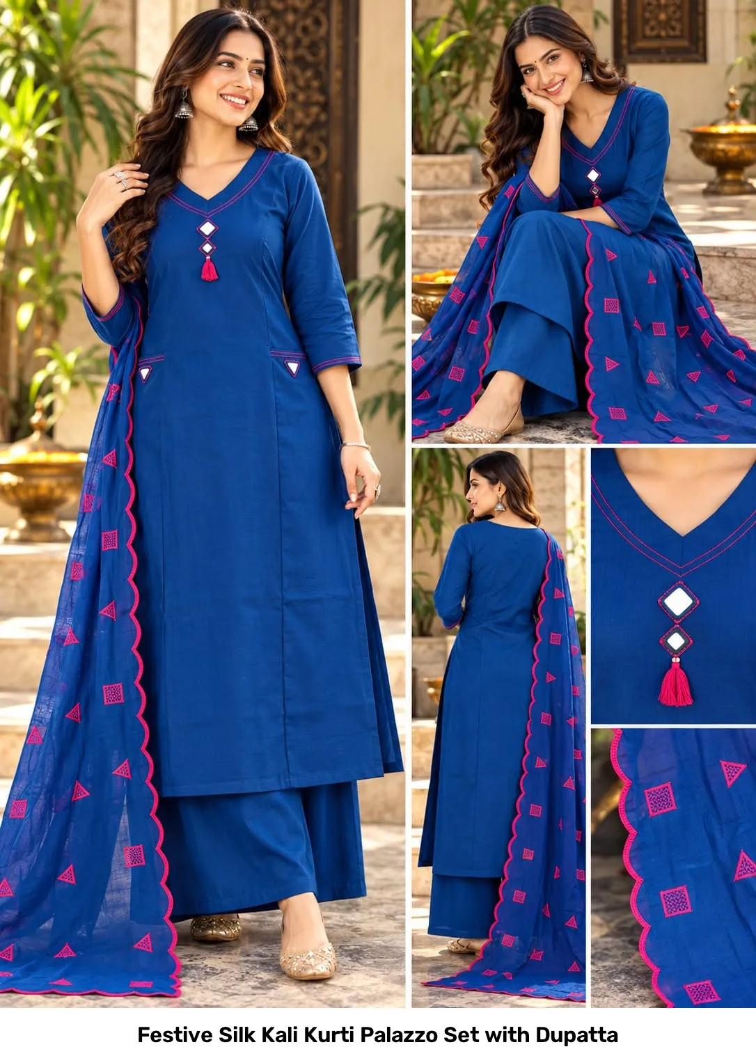 Festive Silk Kali Kurti Palazzo Set with Dupatta 2