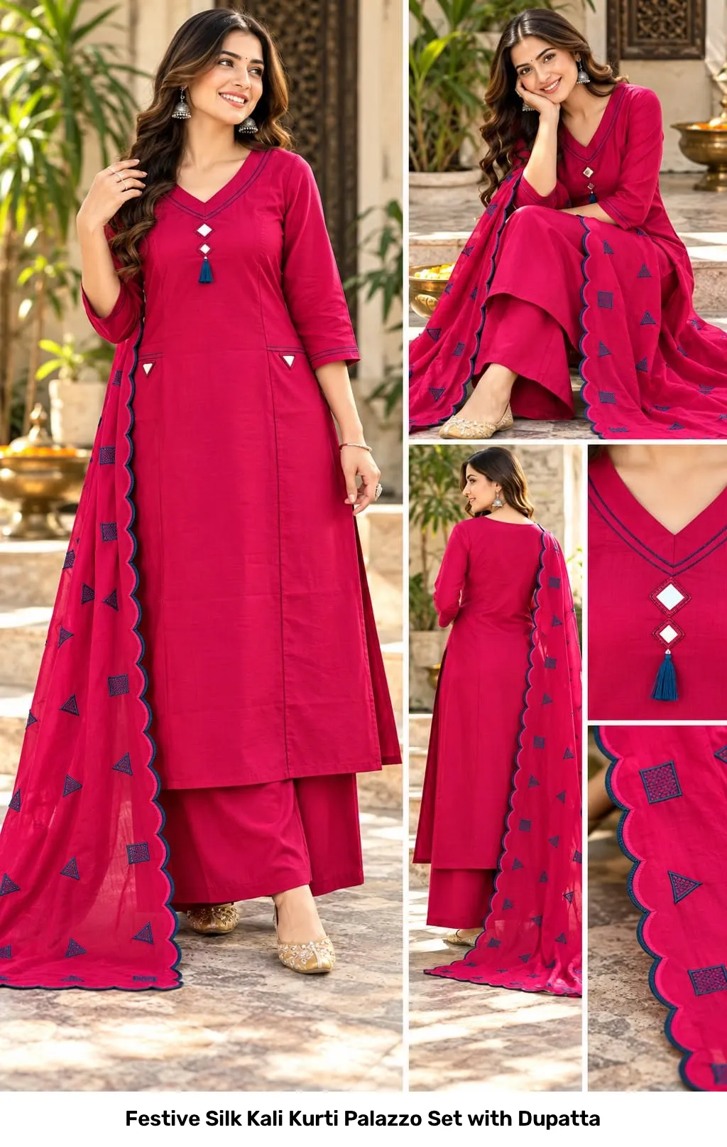 Festive Silk Kali Kurti Palazzo Set with Dupatta 3