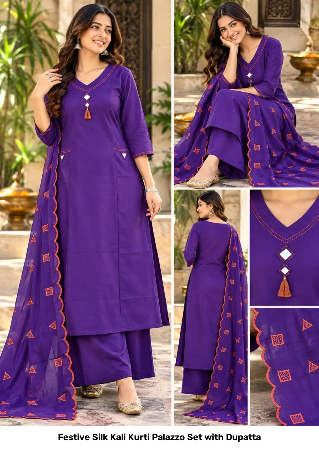 Festive Silk Kali Kurti Palazzo Set with Dupatta 4