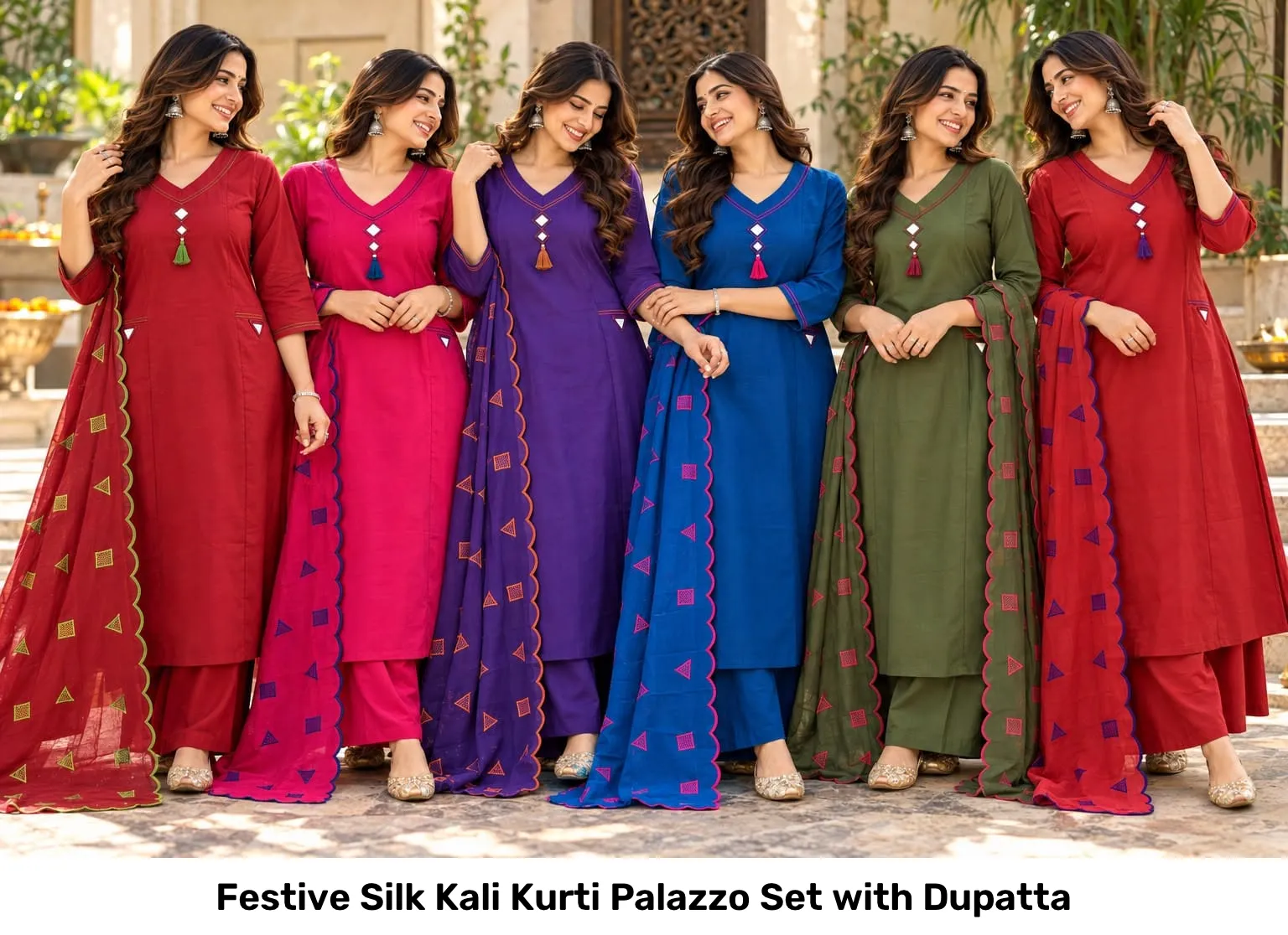Festive Silk Kali Kurti Palazzo Set with Dupatta 5