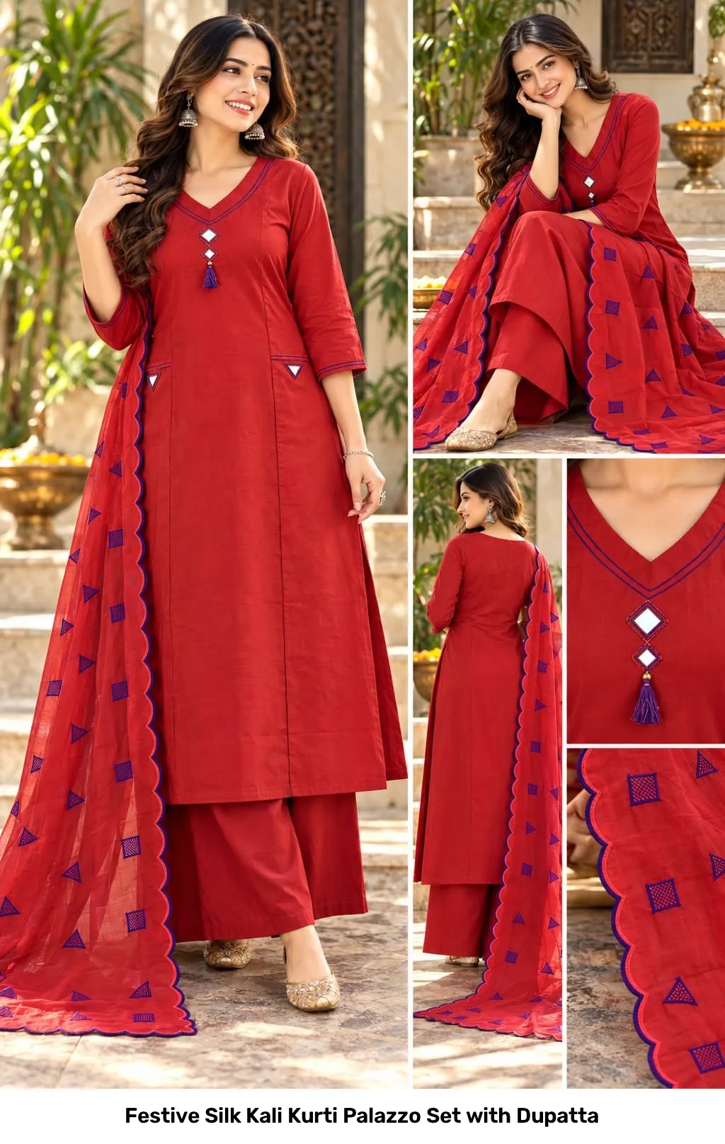 Festive Silk Kali Kurti Palazzo Set with Dupatta 6