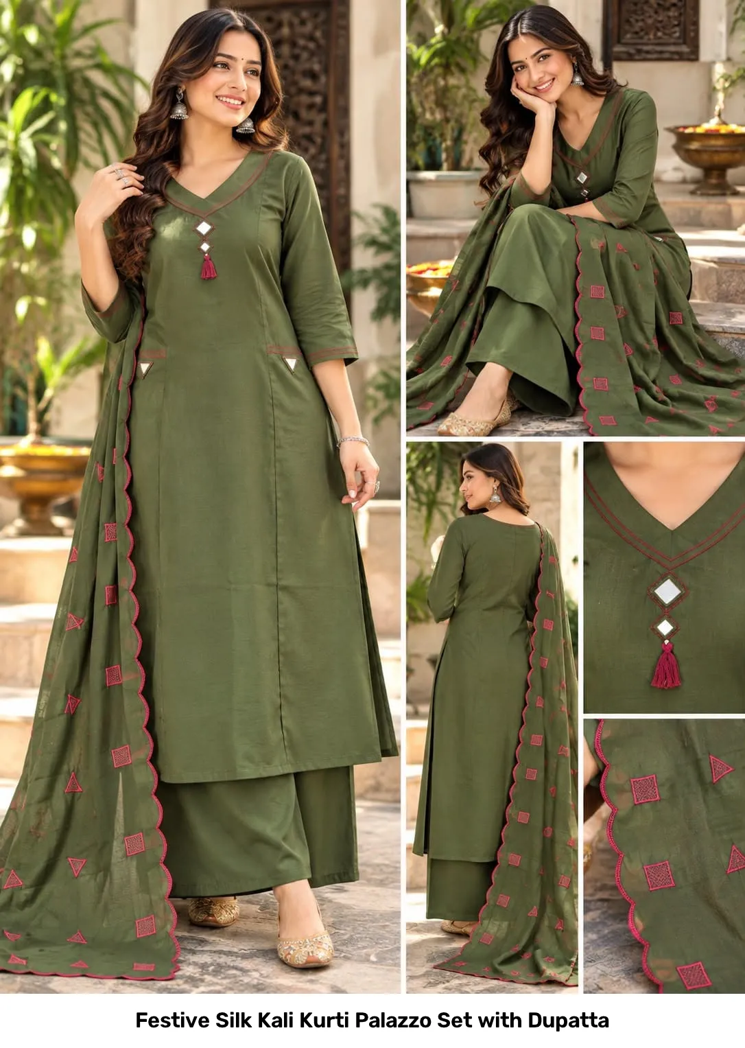 Festive Silk Kali Kurti Palazzo Set with Dupatta 7