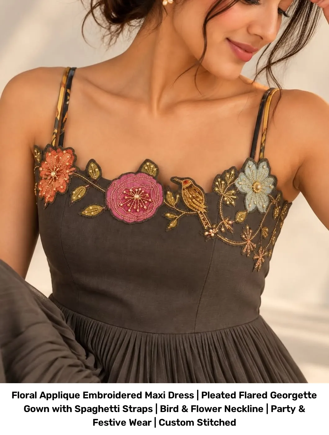 Floral Applique Embroidered Maxi Dress | Pleated Flared Georgette Gown with Spaghetti Straps | Bird & Flower Neckline | Party & Festive Wear | Custom Stitched 2