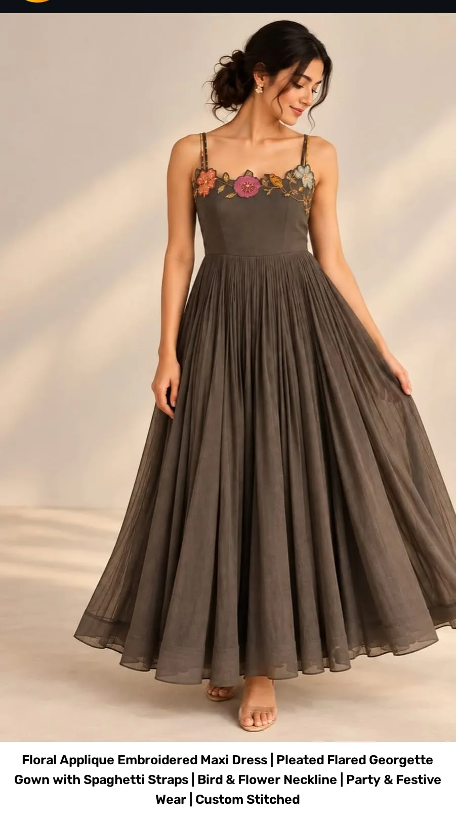 Floral Applique Embroidered Maxi Dress | Pleated Flared Georgette Gown with Spaghetti Straps | Bird & Flower Neckline | Party & Festive Wear | Custom Stitched 3