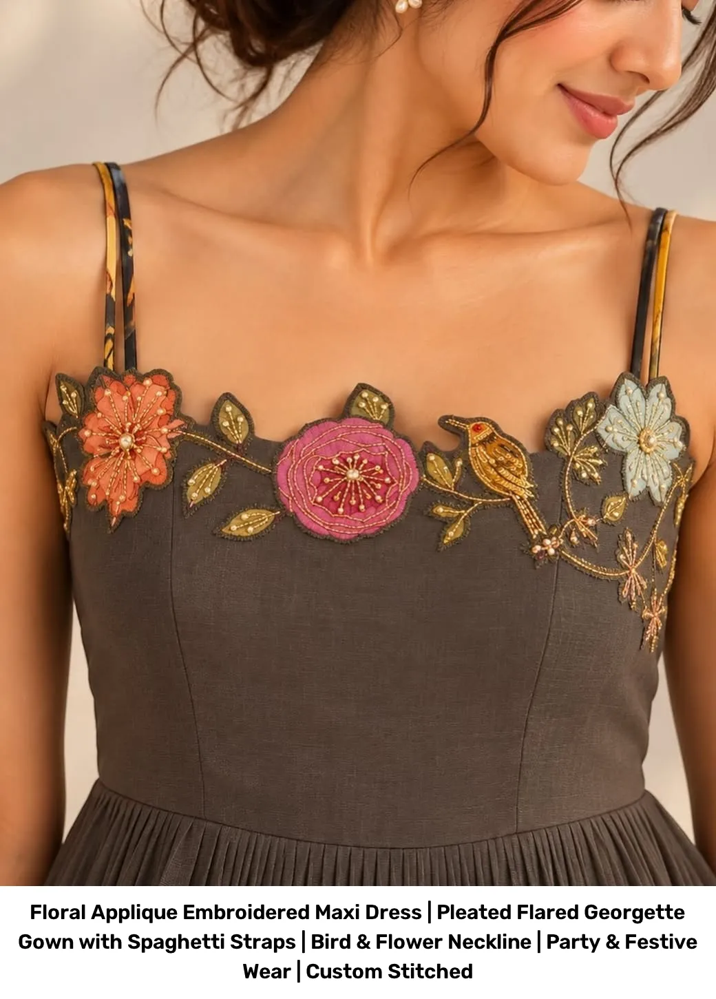 Floral Applique Embroidered Maxi Dress | Pleated Flared Georgette Gown with Spaghetti Straps | Bird & Flower Neckline | Party & Festive Wear | Custom Stitched 4