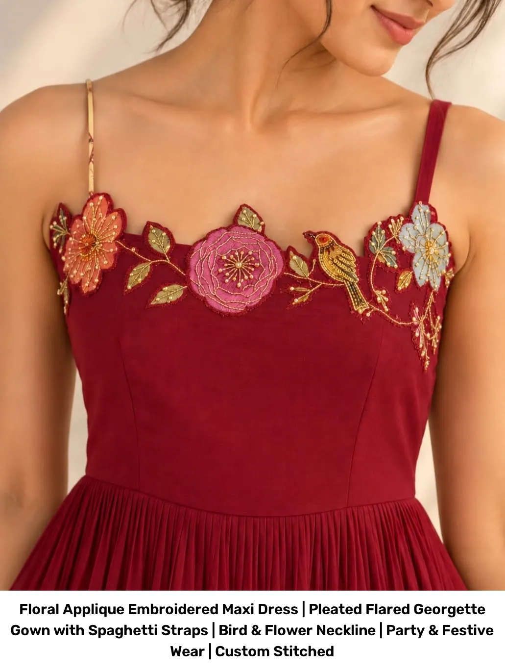 Floral Applique Embroidered Maxi Dress | Pleated Flared Georgette Gown with Spaghetti Straps | Bird & Flower Neckline | Party & Festive Wear | Custom Stitched 5