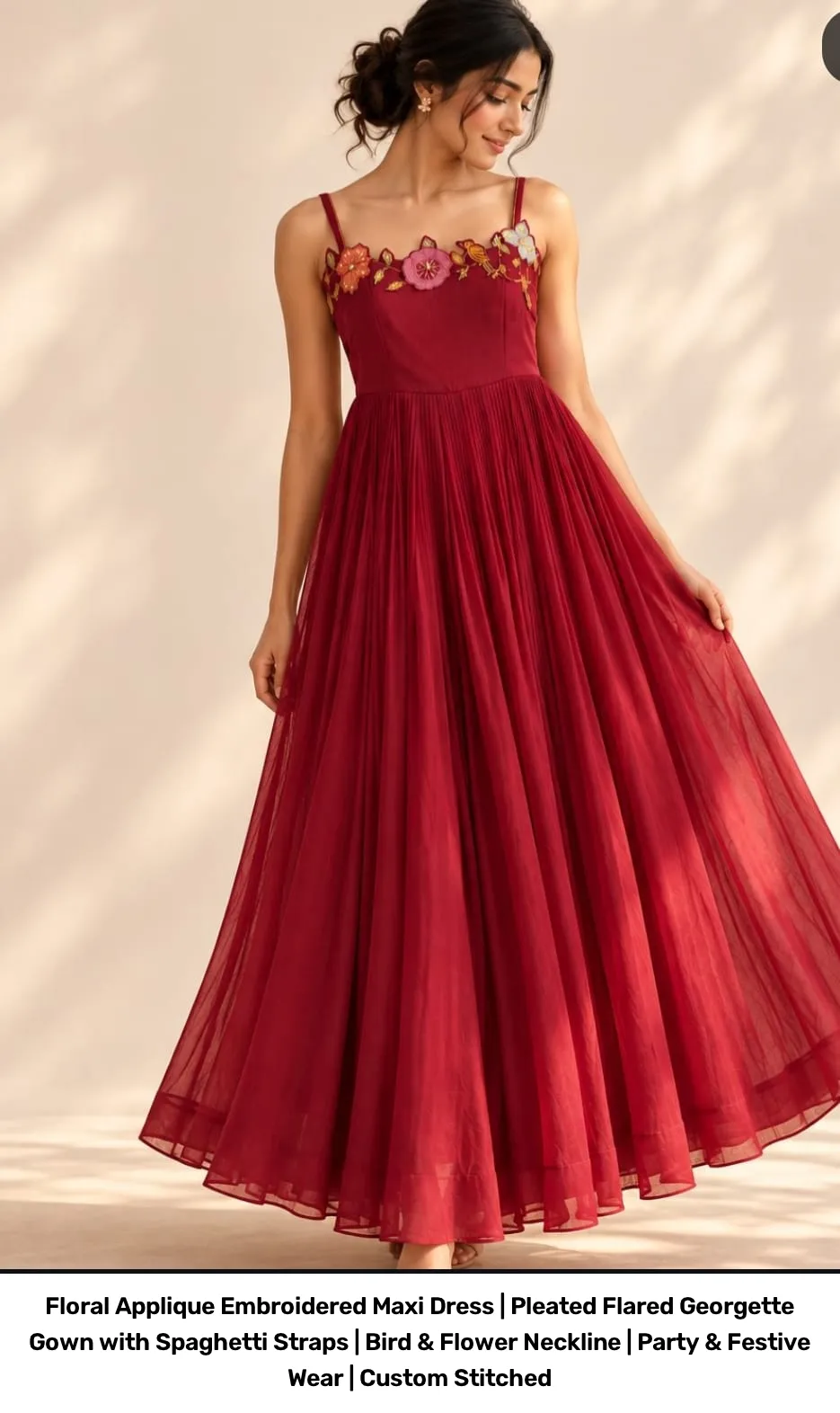 Floral Applique Embroidered Maxi Dress | Pleated Flared Georgette Gown with Spaghetti Straps | Bird & Flower Neckline | Party & Festive Wear | Custom Stitched 7