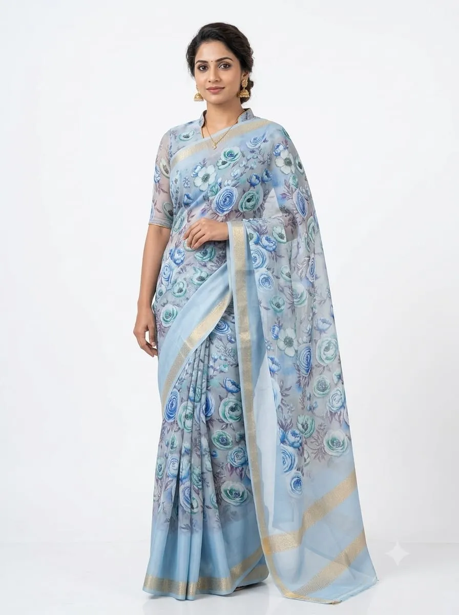 Floral Digital Printed Patola Silk Saree with Woven Gold Zari Border & Unstitched Blouse – Pastel Blue & Teal Shades