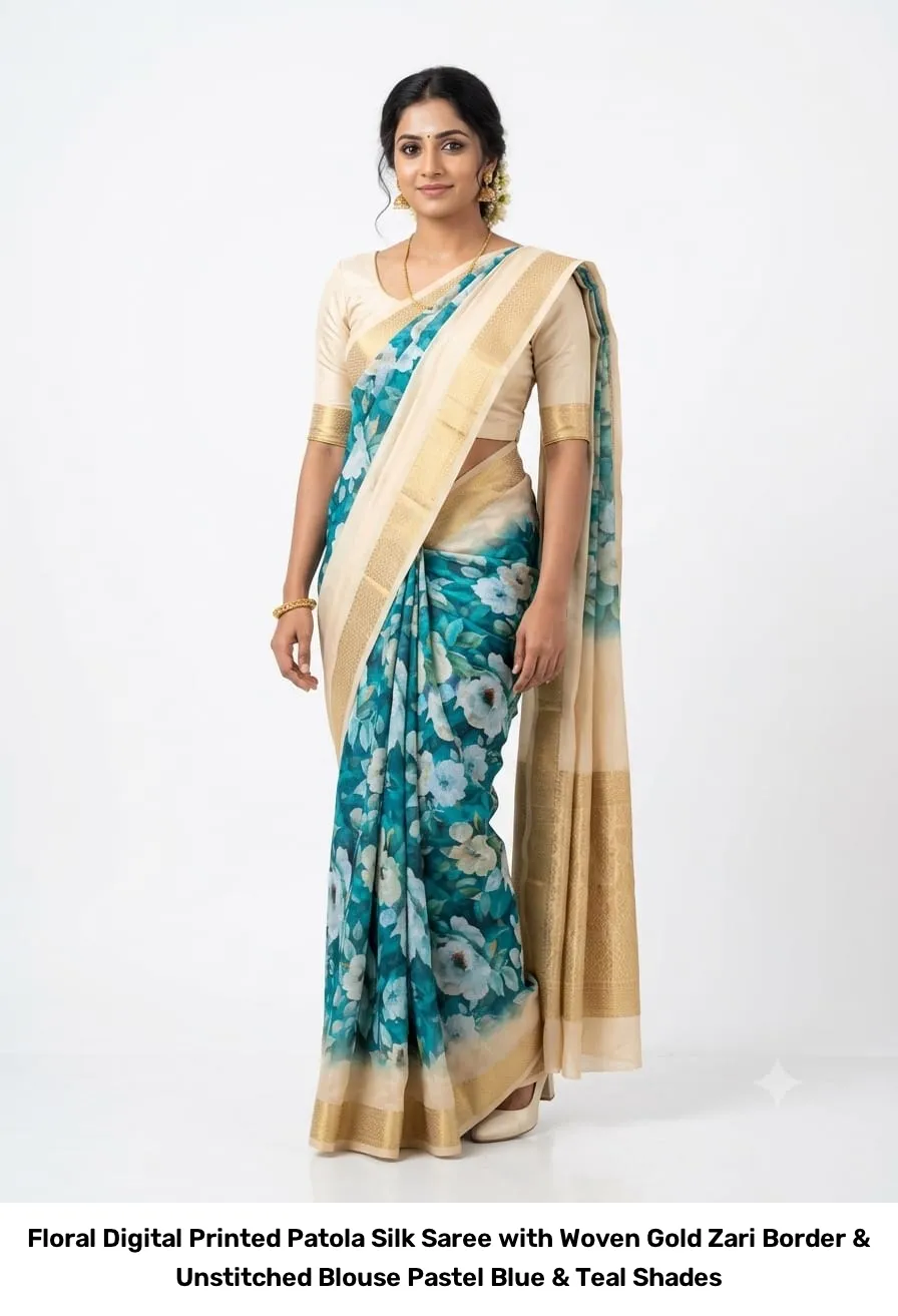 Floral Digital Printed Patola Silk Saree with Woven Gold Zari Border & Unstitched Blouse – Pastel Blue & Teal Shades 2