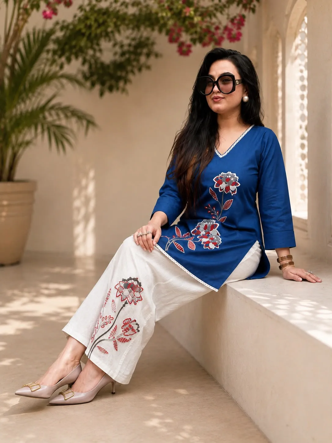 Floral Embroidered Cotton Slub Co-ord Set – V-Neck Kurti with Embroidered Palazzo Pant Set 1